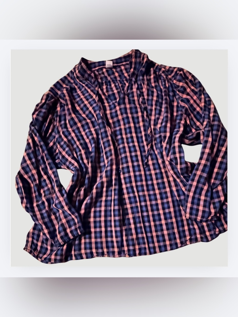 Old Navy Pink and Navy Plaid Peasant Style Long-Sleeved Blouse, Size XL